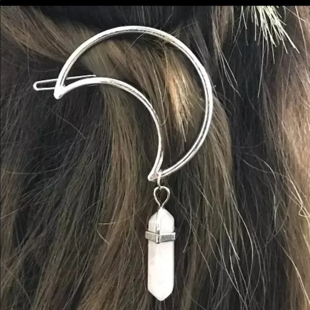 Crystal Crescent Moon Rose Quartz Pendant Hair Clip Barrette